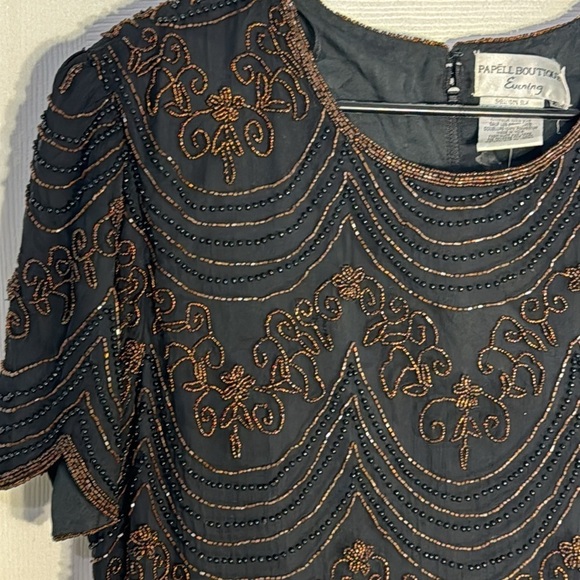 Papell Boutique Gorgeous Black and Gold Beaded Evening Top Scalloped Bottom NWT - Picture 2 of 10